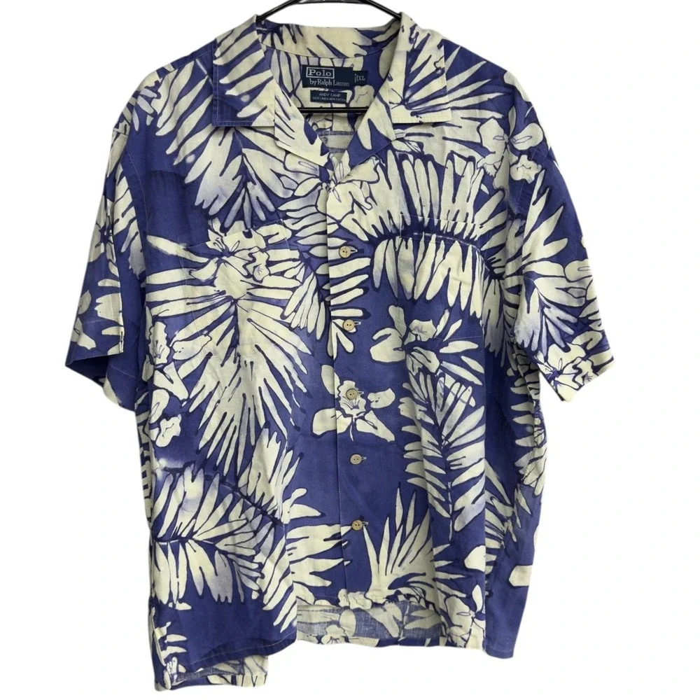 Polo Ralph Lauren Mens XL Blue/Cream Floral Linen Cotton Andy Camp S/S Shirt euc